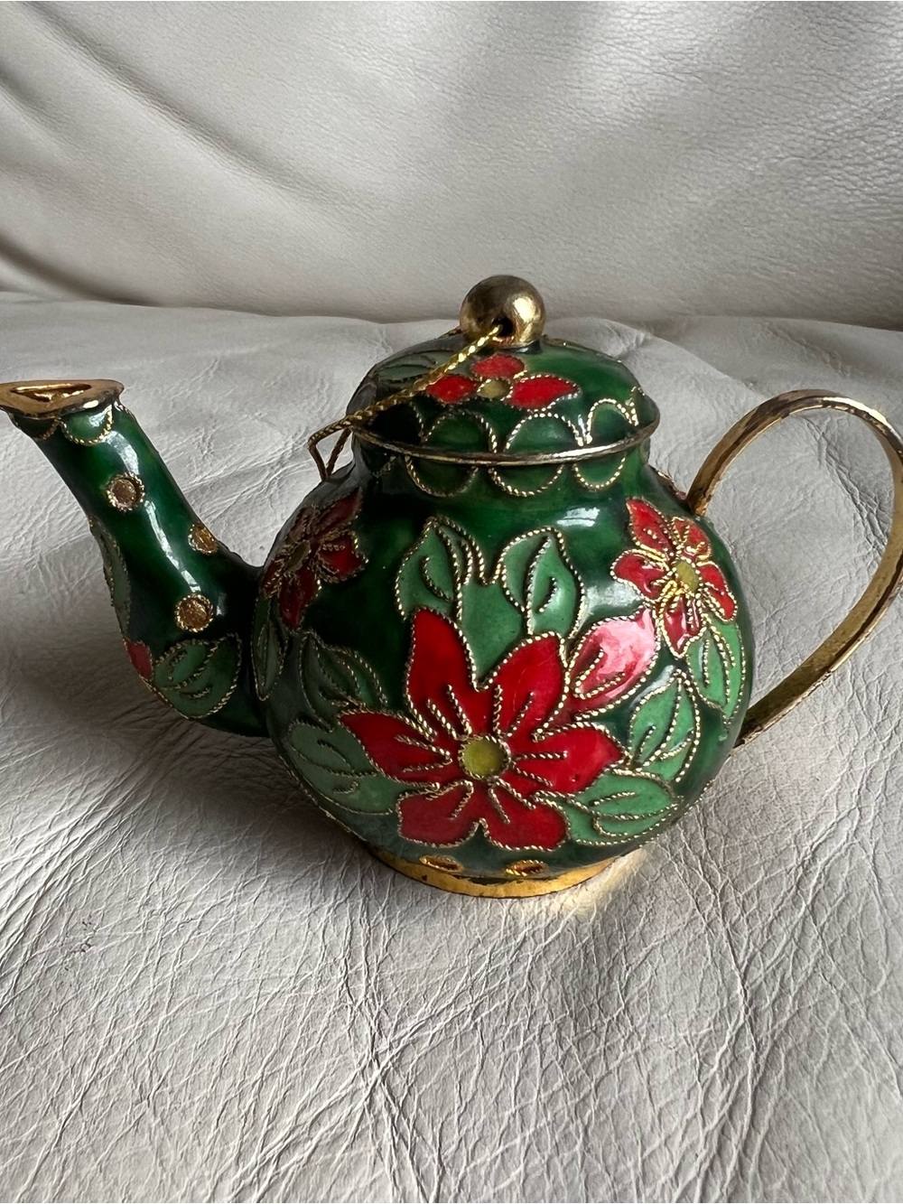 Green Floral Cloisonné Miniature Teapot Red Poinsettia Design Hanging Ornament